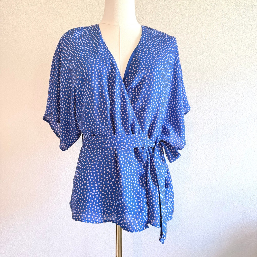 Elegant‎ Blue Polka Dot Wrap Top V-Neck Tie Waist Blouse Classic Size Small